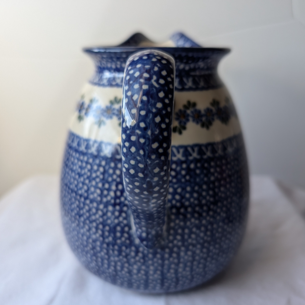 Polish Pottery Blue Floral Cream Ceramic Pitcher - Picture 2 of 9